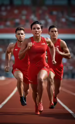 four athletes are running around the track
