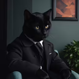 a black cat in a business suit and tie sitting in a chair