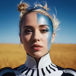 woman with blue makeup standing in a wheat field