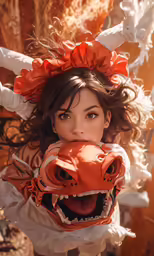 a beautiful young woman wearing a red dragon mask