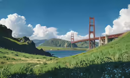 a scenic view of a bridge surrounded by green hills