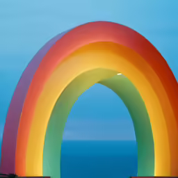 a multicolored rainbow arch next to the water