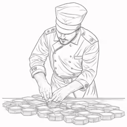 a chef with a hat is placing ingredients into plates