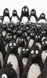 many black and white birds standing on the ground