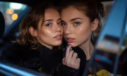 two women sitting next to each other in the passenger side window of a car