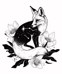 a fox and some flowers on a white background,an image of a fox with flowers on it