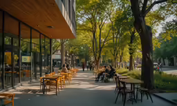 empty tables line a sidewalk in front of a tall glass building