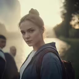 a woman is standing next to water with people walking behind her
