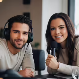 two young people wearing headphones smiling and recording