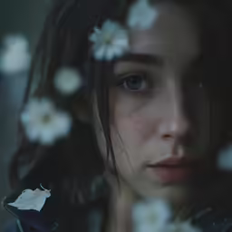 a woman with white flowers on her head is standing outside