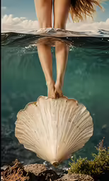 the feet of a woman standing in water on a large shell