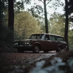 an old car is parked on a dirt road