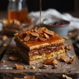 a table with a bowl of food on it and a wooden board with nuts on it