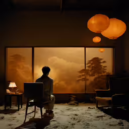 a person sitting in front of a window on top of a chair,a man sits in a chair and looks at the sky