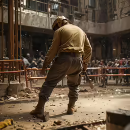 a man in a helmet and hardhat walking through rubble