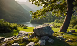 large boulder on grassy hillside next to large river