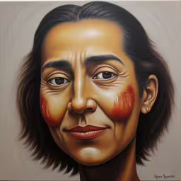 a painting of a woman with the tears on her eyes,a painting shows an image of a man with blood on his face,an oil painting with a man