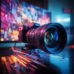 a camera mounted to a laptop that is displaying a movie