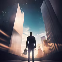 man in suit holding his briefcase looking at the sky with skyscrapers