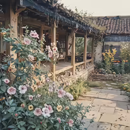 a view of a back yard with lots of flowers