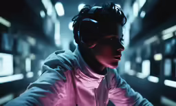 young person with headphones in dark room