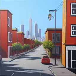 a picture of some sort of city street,an oil painting of a road near buildings and a car,a red car driving down a street past tall buildings,a painting of a car on the road,a painting depicting a red car driving down a street