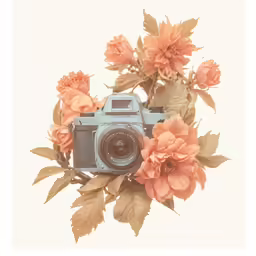 a camera, flowers and leaves on a white background