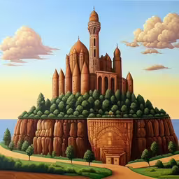 this is an oil painting of a castle on a cliff,a painting with large castle towers on it