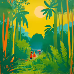 a couple is walking in the green forest under palm trees,two people walking in the jungle with an umbrella