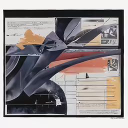 a black and orange painting is shown with white, blue, yellow and orange