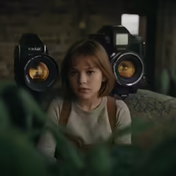 a young girl looking into the camera with an old fashioned film camera in her hand