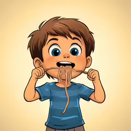 a cartoon boy with a spaghetti in his mouth