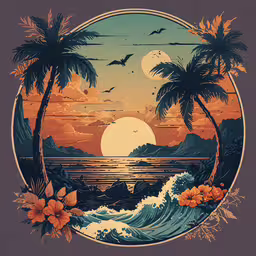 a poster with palm trees on the beach,the sunset is surrounded by palm trees and waves