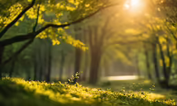 a lush green field with trees and leaves in the sunlight