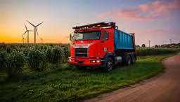 the red truck is driving along the dirt road,a red truck in front of a row of green grass