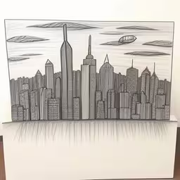 a drawing of a cityscape in black and white on a card,there is an artwork in the shape of a city