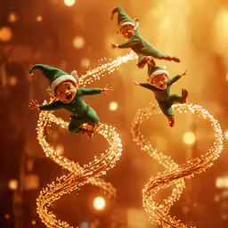 a christmas ornament featuring elves doing tricks