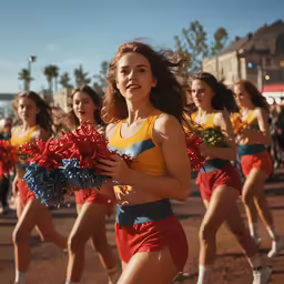 two cheerleaders are walking through a parade