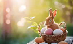 the small rabbit is sitting behind a basket with eggs
