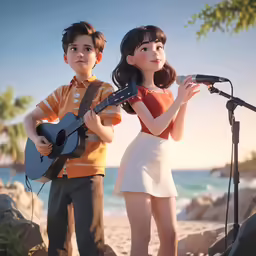 two cartoon children, one holding a guitar, the other singing