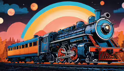 the colorful painting shows a train on its tracks,an old train going through the night time