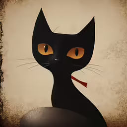 a black cat with orange eyes and red necktie