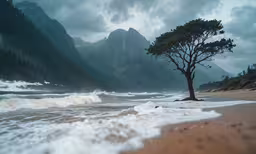 the shore and trees have fallen from the high cliffs