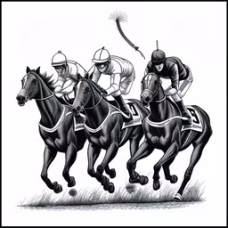 three men in uniforms racing on horses,three horses and jockeys in a line going down the track