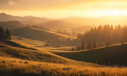 a grassy hillside with a group of trees on top