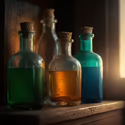 some bottles sit on the shelf by the window