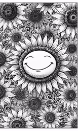 an adult coloring book with sunflowers and the smiley face