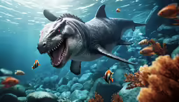 an animal swims among sea life with a fish