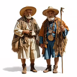 an elderly couple standing beside each other in native clothing