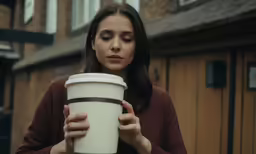 the girl is holding up her cup of coffee